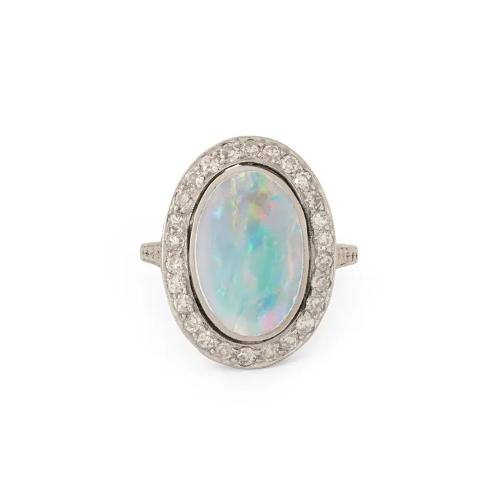 Rings Vintage Art Deco Black Opal and Diamond 18k Gold Ring