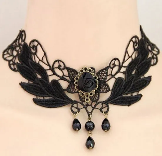 Necklaces polly AZ78 Black Rose with Gems Choker Necklace With FREE Earrings