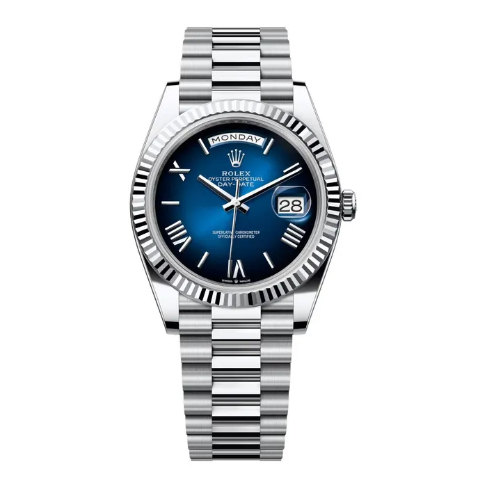 2024 Release Rolex DayDate 40 mm 18k white gold President bracelet Blue ombr dial Fluted bezel Mens Watch 228239 Rolex Bracelets 2024 Release Rolex DayDate 40 mm 18k white gold President bracelet Blue ombr dial Fluted bezel Mens Watch 228239 Rolex Bracelets