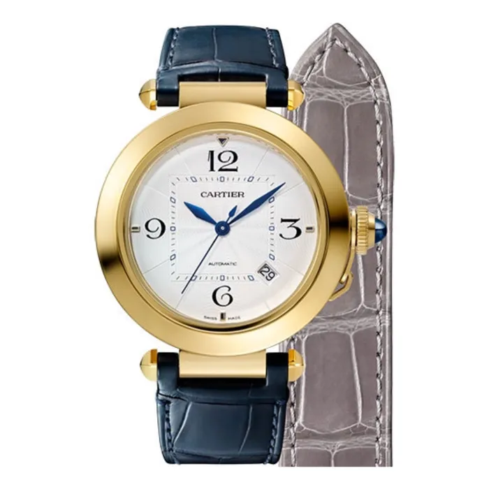 Cartier Watches Cartier Pasha de Cartier 41mm Watch Ref WGPA0007 Silver Arabic Dial in 18K Rose Gold Case Blue Leather Strap Cartier Watches Cartier Pasha de Cartier 41mm Watch Ref WGPA0007 Silver Arabic Dial in 18K Rose Gold Case Blue Leather Strap