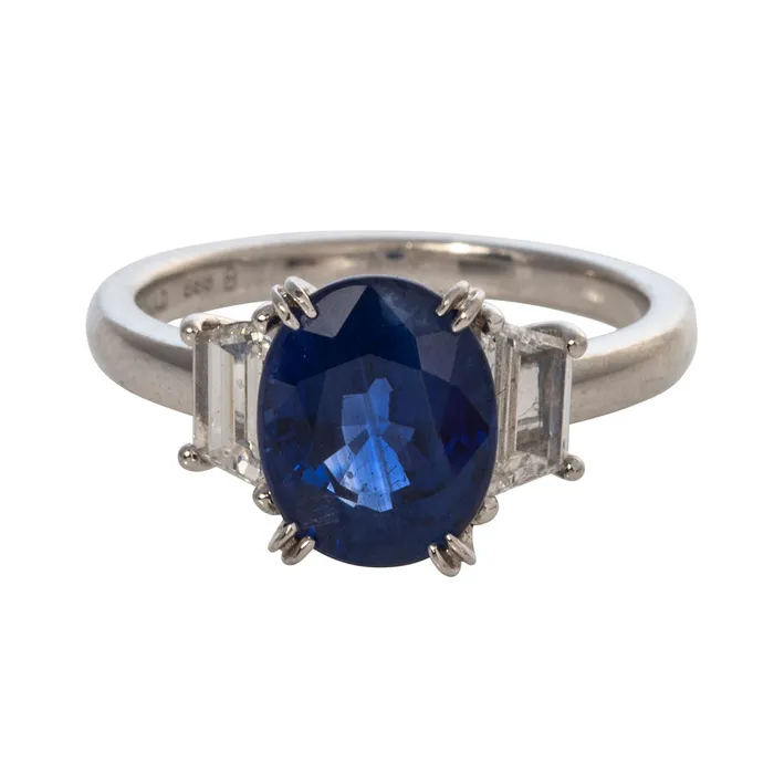 Croghans Rings 343ct Oval Sapphire Trapezoid Diamond ThreeStone Platinum Ring Croghans Rings 343ct Oval Sapphire Trapezoid Diamond ThreeStone Platinum Ring