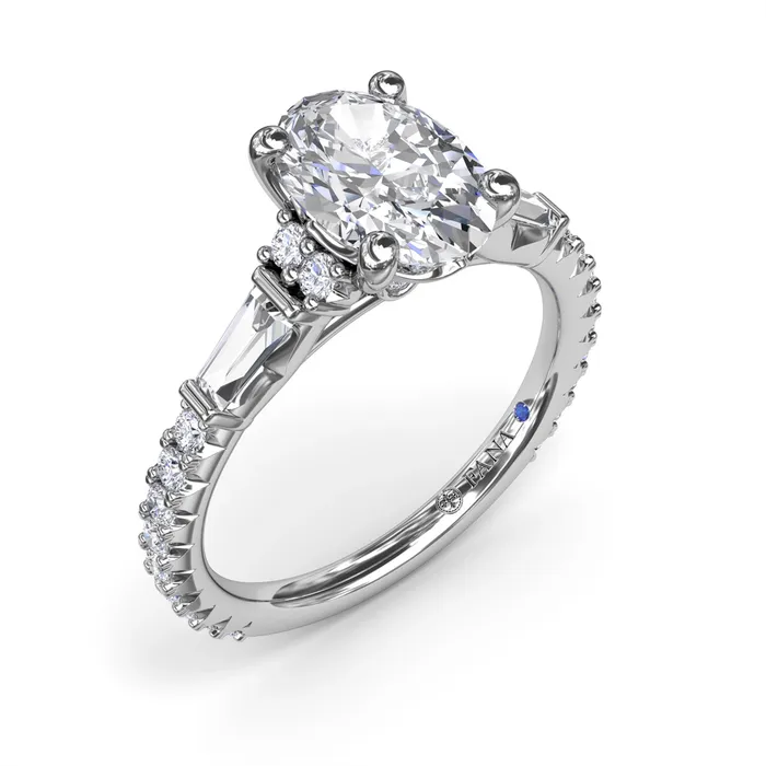 Fana Rings 14K White Gold Semi Mount Diamond Ring with Tapered Baguette and Round Diamonds Fana Rings 14K White Gold Semi Mount Diamond Ring with Tapered Baguette and Round Diamonds