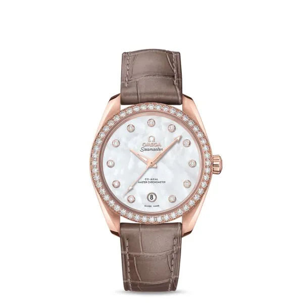 Omega Seamaster 38mm Watch Ref 22058382055001 White Mother of Pearl Diamond Index Dial Diamond Bezel in 18K Rose Gold Case Brown Leather Strap Omega Watches Omega Seamaster 38mm Watch Ref 22058382055001 White Mother of Pearl Diamond Index Dial Diamond Bezel in 18K Rose Gold Case Brown Leather Strap Omega Watches